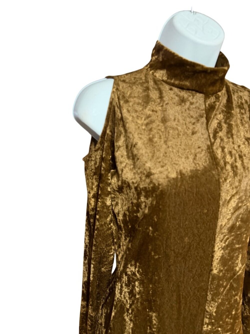 Vintage Happy Legs Velvet Gold Cold-Shoulder Jumpsuit With Mock Neck & Back Zipp - Picture 3 of 5